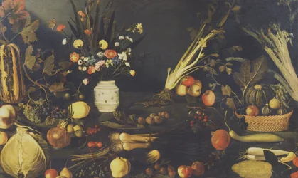 Stilleben med blomster, frukt og grønnsaker, ca. 1594
